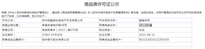 星樾名筑17、19 幢2021-08-31通過預售許可